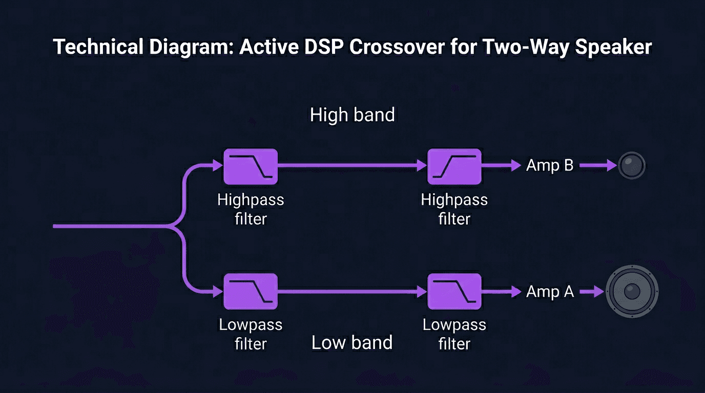 Active DSP crossover: low band to woofer and high band to tweeter, each with its own amplifier
