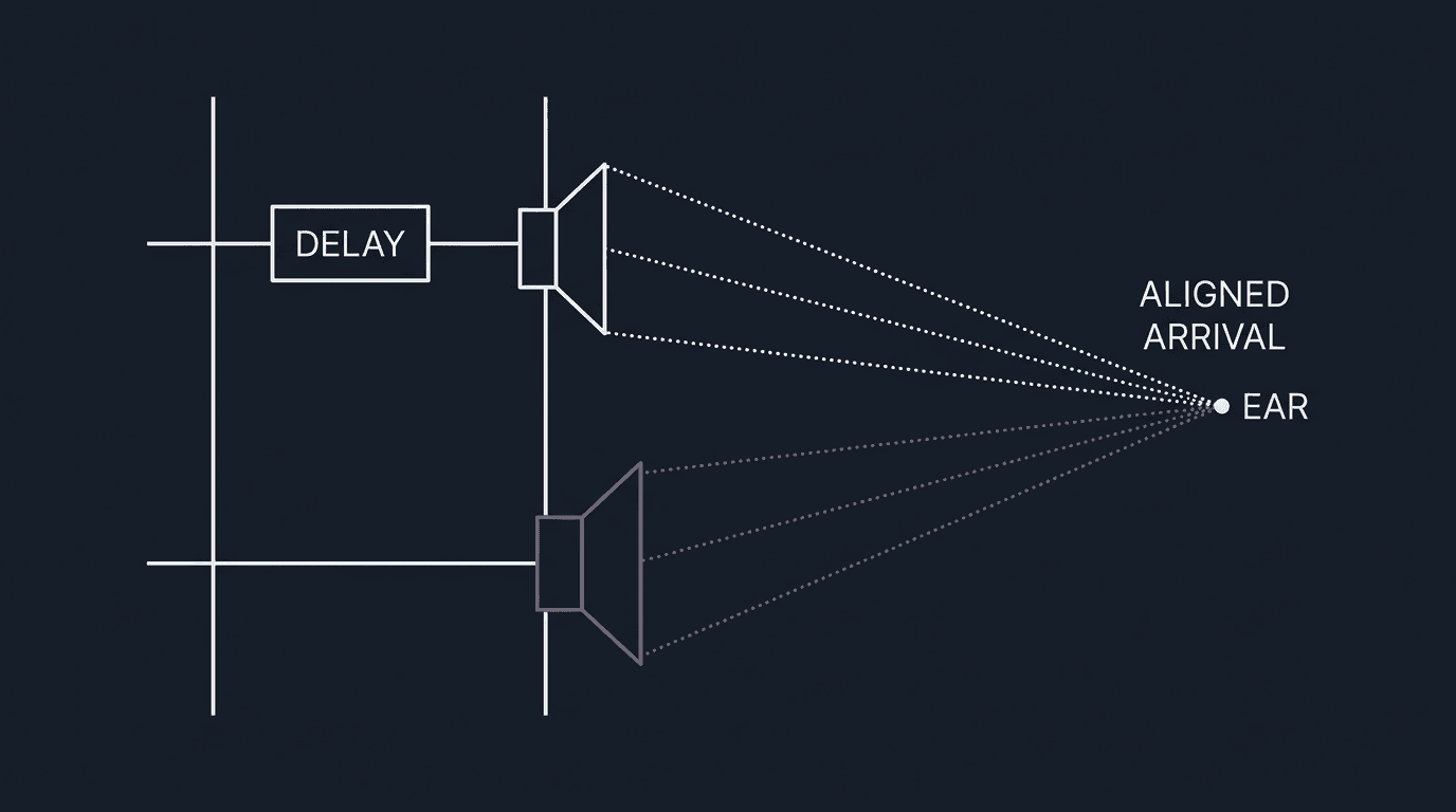 Time alignment: digital delay on the path that arrives early so both drivers reach the ear in phase