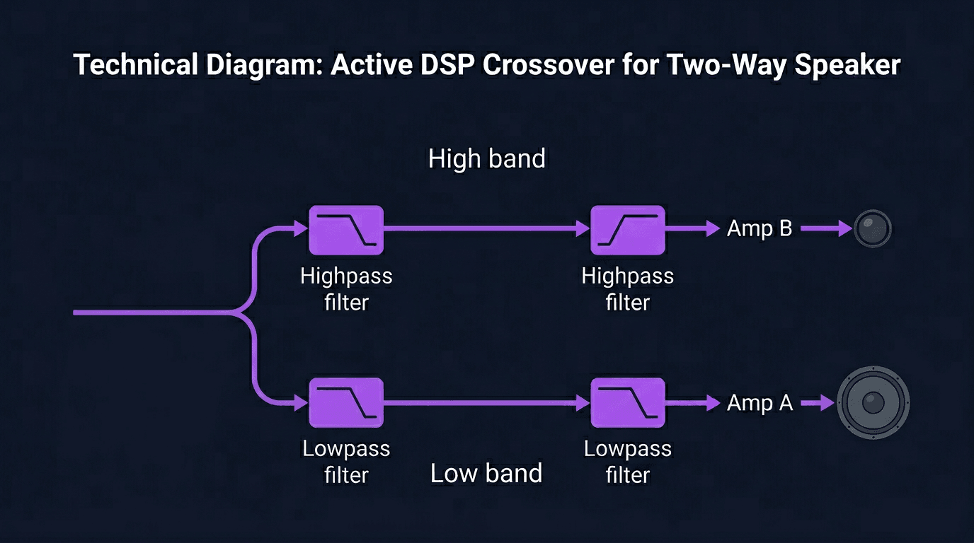 Active DSP crossover: low band to woofer and high band to tweeter, each with its own amplifier