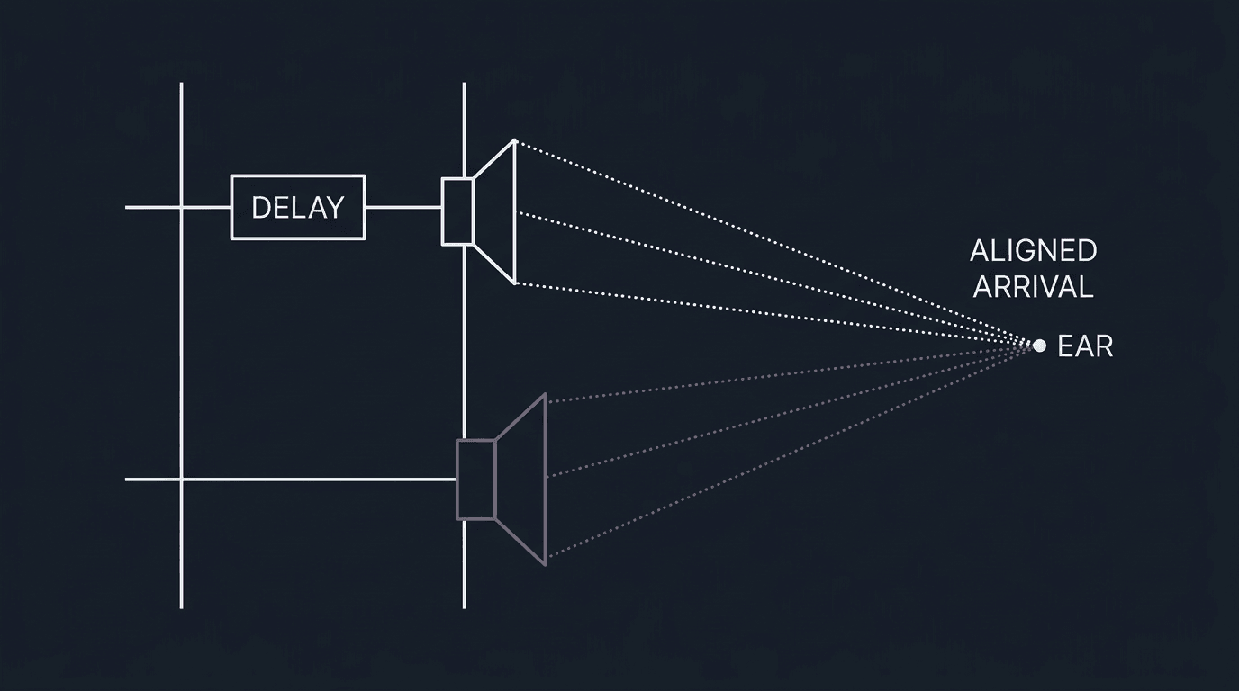 Time alignment: digital delay on the path that arrives early so both drivers reach the ear in phase
