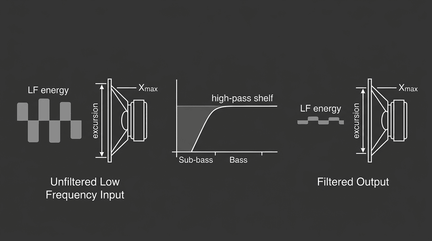 Excursion limiting: tame low-frequency content and use a high-pass shelf so the cone stays within safe travel