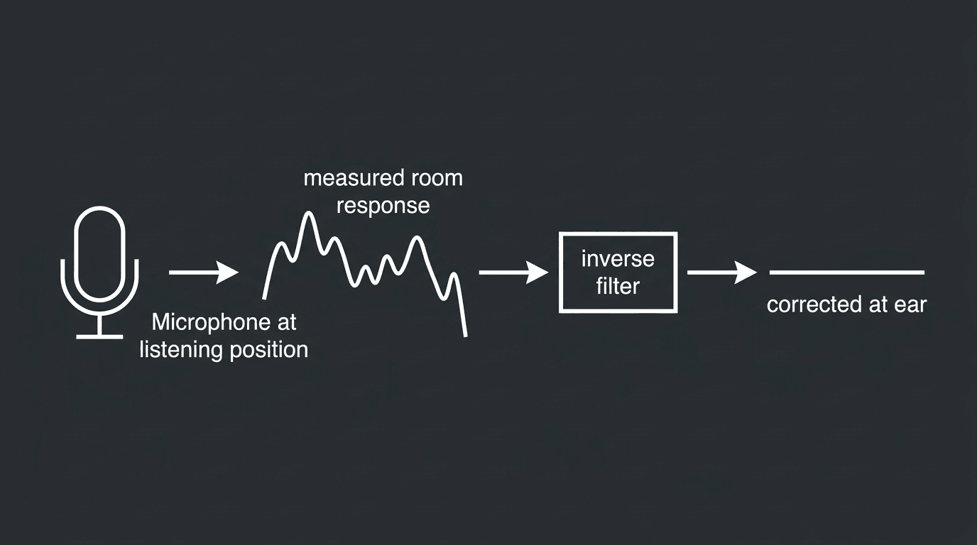 Room correction: measure response at the listening position, apply an inverse filter to subtract the room’s coloration